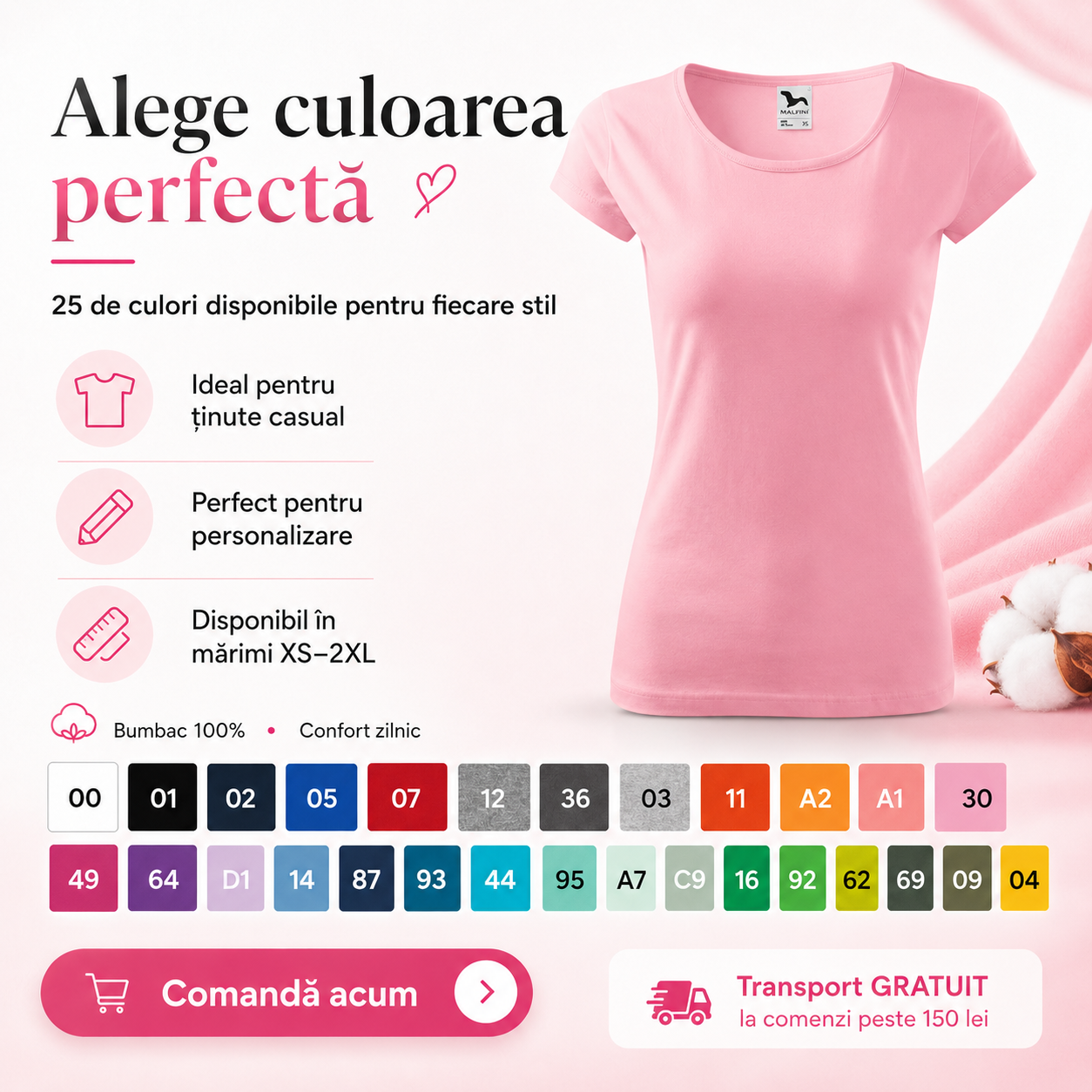 Tricou damă simplu din bumbac 100% cu croială cambrată și m&acirc;neci scurte